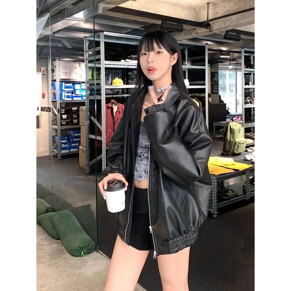 国潮牌美式复古黑色棒球服皮衣女秋季设计感甜酷风宽松皮夹克外套