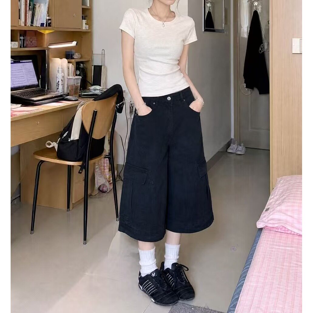 大码美式复古解构多口袋牛仔工装裤男女夏季潮牌宽松阔腿七分短裤