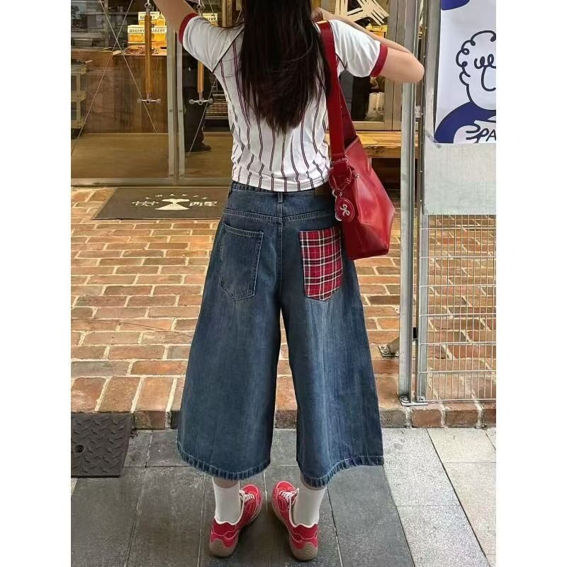 2025春夏后口袋红色格子拼接过膝七分裤牛仔裤男女宽松直筒阔腿裤