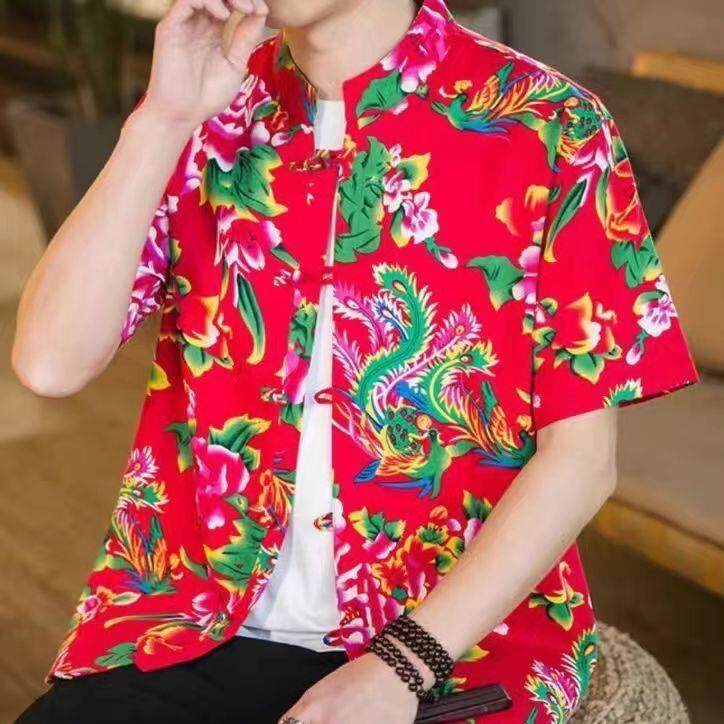中式东北大花布牡丹花短