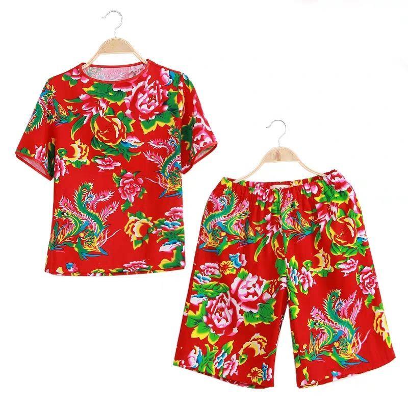 老年人衣服东北大花套装