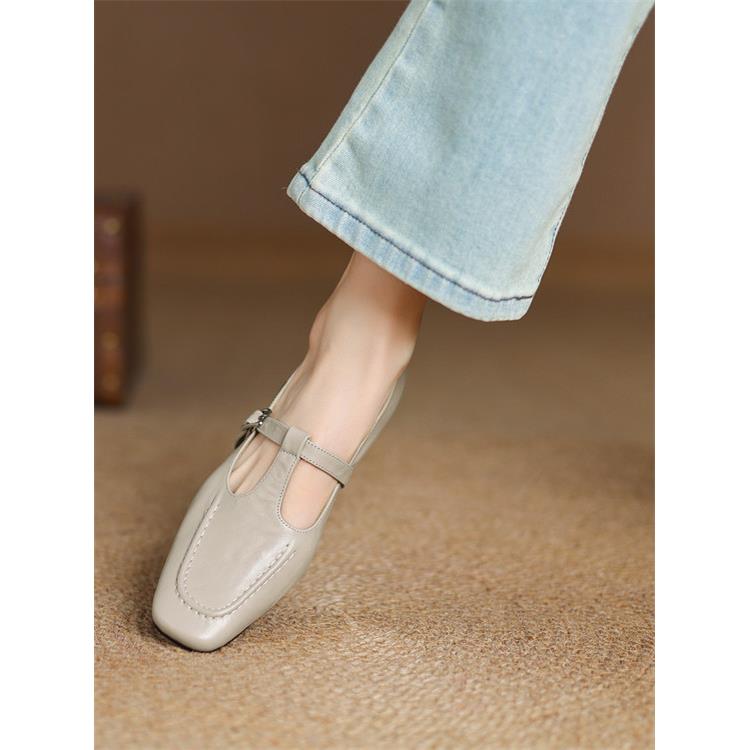 诗宝斐尔 法式覆古方头t字带玛丽珍小皮鞋女春季真皮低跟浅口单鞋