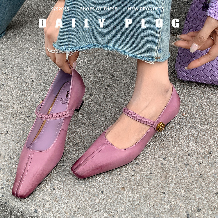 法式方头真皮一字带玛丽珍鞋女2025春夏款浅口气质粗跟单鞋名媛风