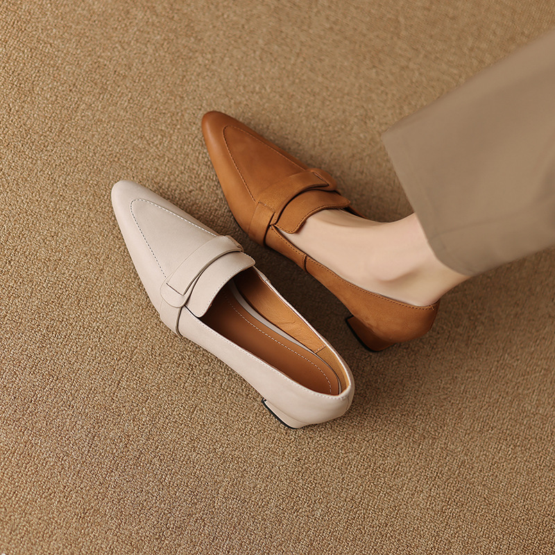 法式复古超软通勤风尖头粗跟乐福鞋2023秋季牛皮尖头一脚蹬单鞋女