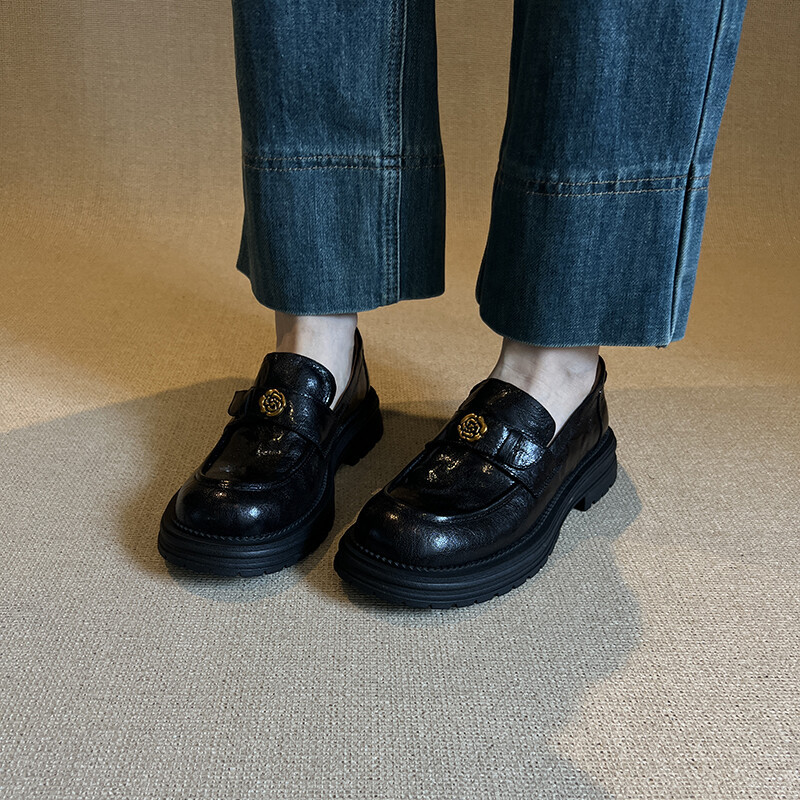 3.5cm！山茶花粗跟小皮鞋女羊皮乐福鞋女2025新款秋季高跟单鞋