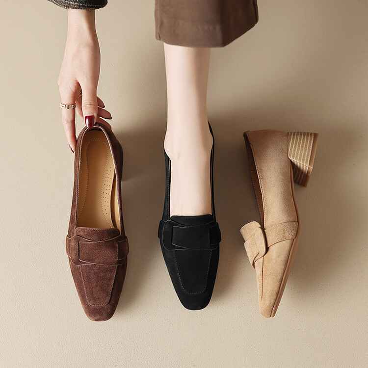 新款方头里外全皮木纹粗跟方头中口单鞋羊翻皮复古中跟鞋四季鞋潮