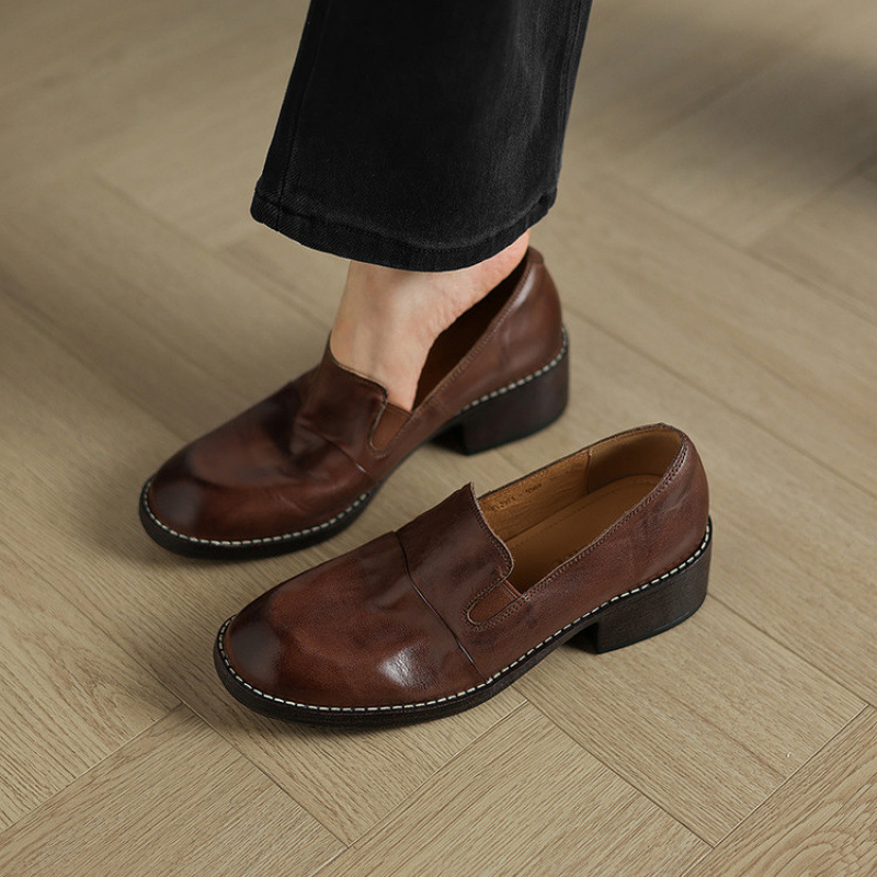 4.5cm~粗跟真皮一脚蹬乐福鞋女2025秋季新款深口单鞋英伦风小皮鞋