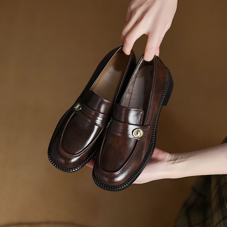 2024冬季主推新款擦色方头深口一脚蹬乐福鞋法式学院风百搭小皮鞋