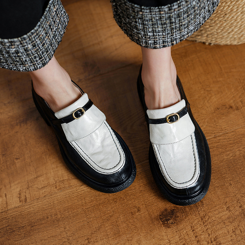 拼色冬季加绒乐福鞋女中跟春秋新款厚底小皮鞋真皮英伦风百搭单鞋