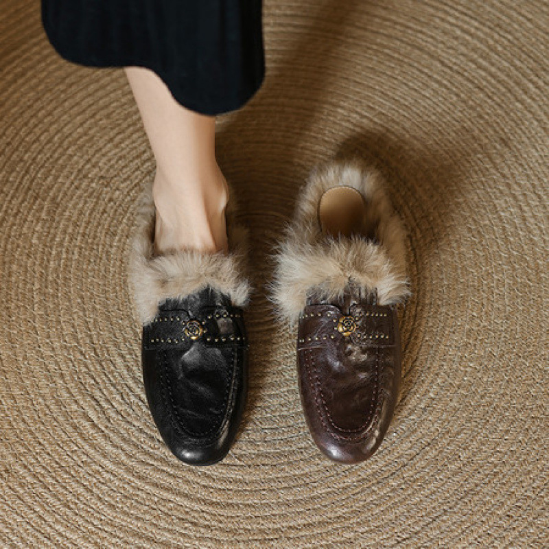 真皮铆钉兔毛毛拖鞋女时尚外穿粗跟穆勒包头半拖鞋加绒保暖毛毛鞋