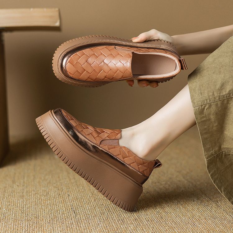 厚底懒人松糕鞋女真皮圆头一脚蹬单鞋2024秋季新款百搭高跟乐福鞋