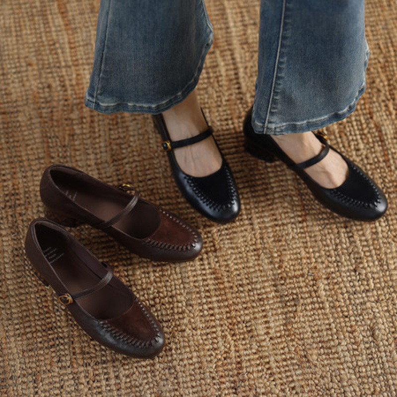 成都手工女鞋温柔风中跟小皮鞋女真皮拼接浅口单鞋一字带玛丽珍鞋