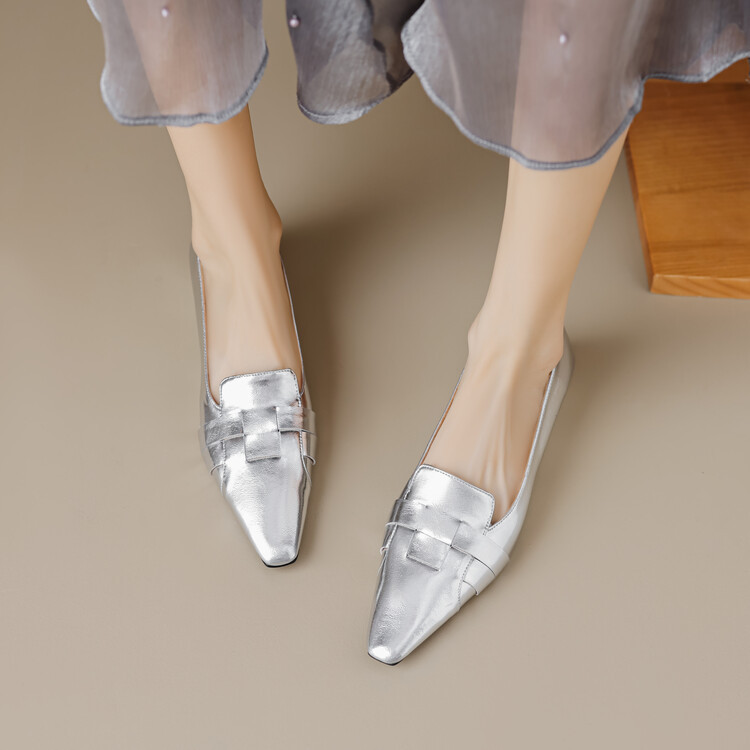 头层羊皮编织单鞋女春秋时尚法式气质银色小方头坡跟浅口四季女鞋