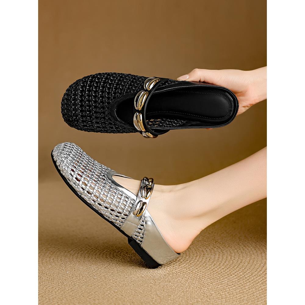 世宝费尔银编织剪包头半拖鞋女性时尚外穿圆头内增高骡子凉鞋