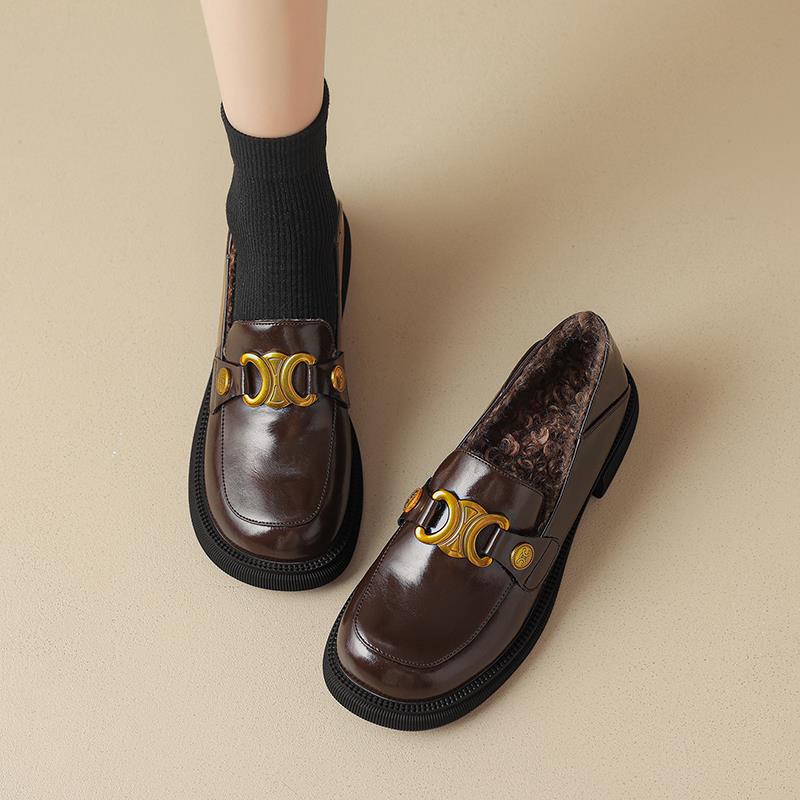 英伦风jk小皮鞋女秋冬真皮覆古金属扣乐福鞋加绒圆头粗跟单鞋大尺