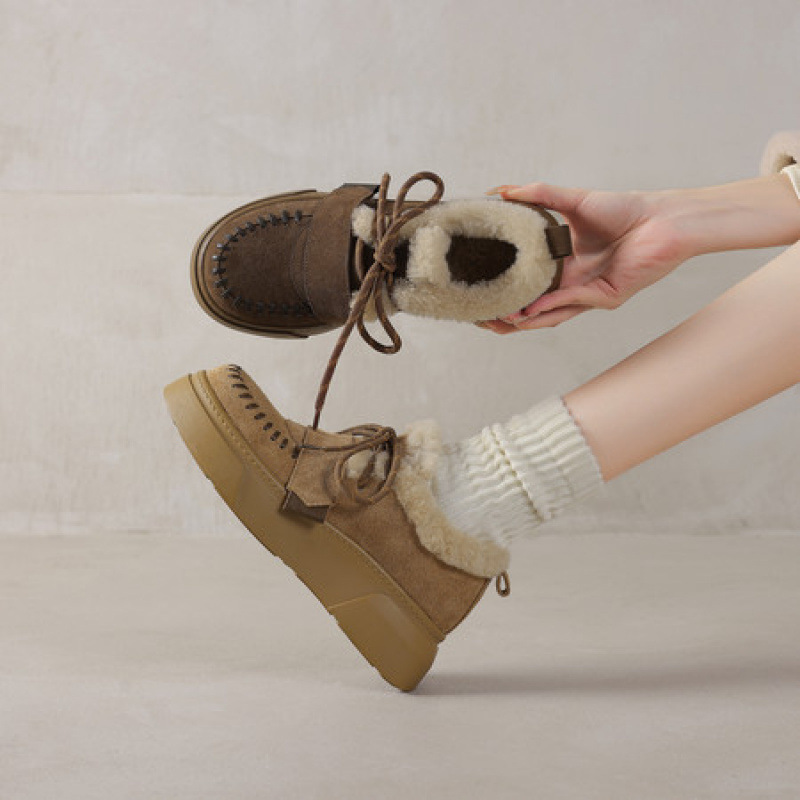 2025新款圆头粗跟单鞋女裸靴法式气质短筒加绒雪地靴厚底勃肯鞋