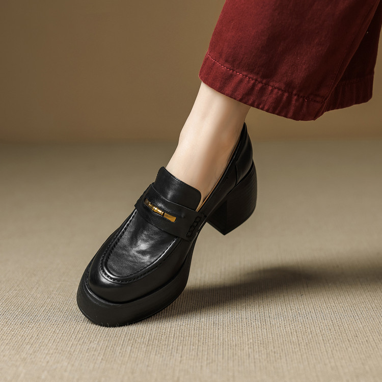 成都手工女鞋复古粗跟高跟深口单鞋女真皮软底乐福鞋厚底小皮鞋