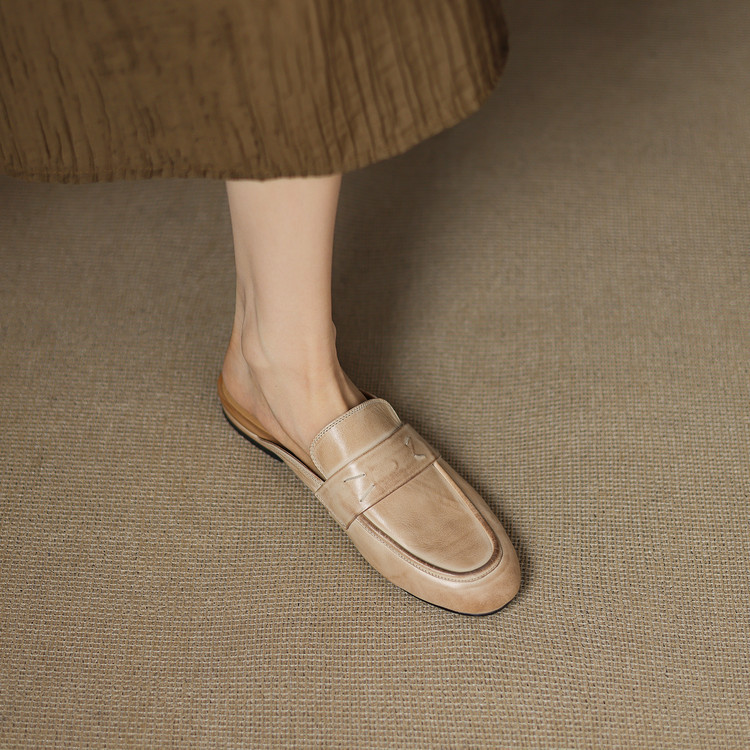 真皮包头半拖鞋女夏季新款粗跟拖鞋低跟穆勒鞋百搭外穿懒人凉拖鞋