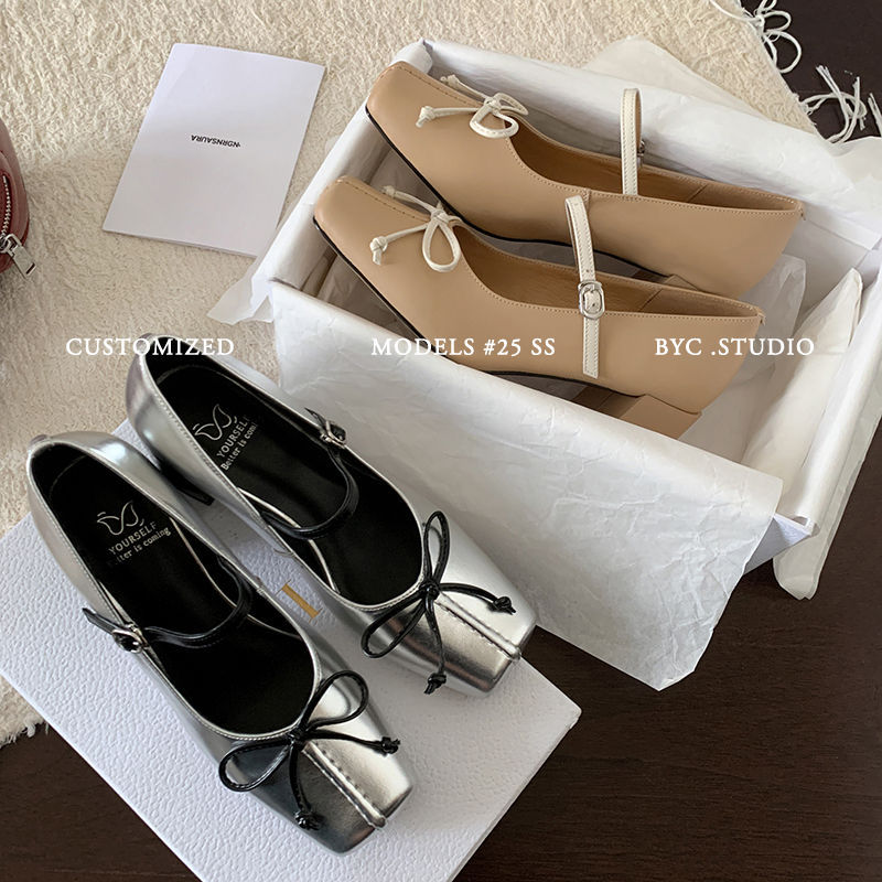 牛皮版蝴蝶结方头粗跟气质浅口高跟鞋2025春季一字扣带芭蕾风单鞋