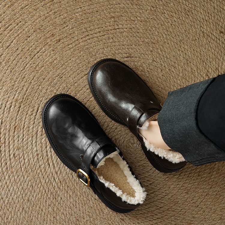 乐福鞋女中粗跟圆头加厚绒羊羔毛保暖2025新款秋冬英伦小皮鞋真皮