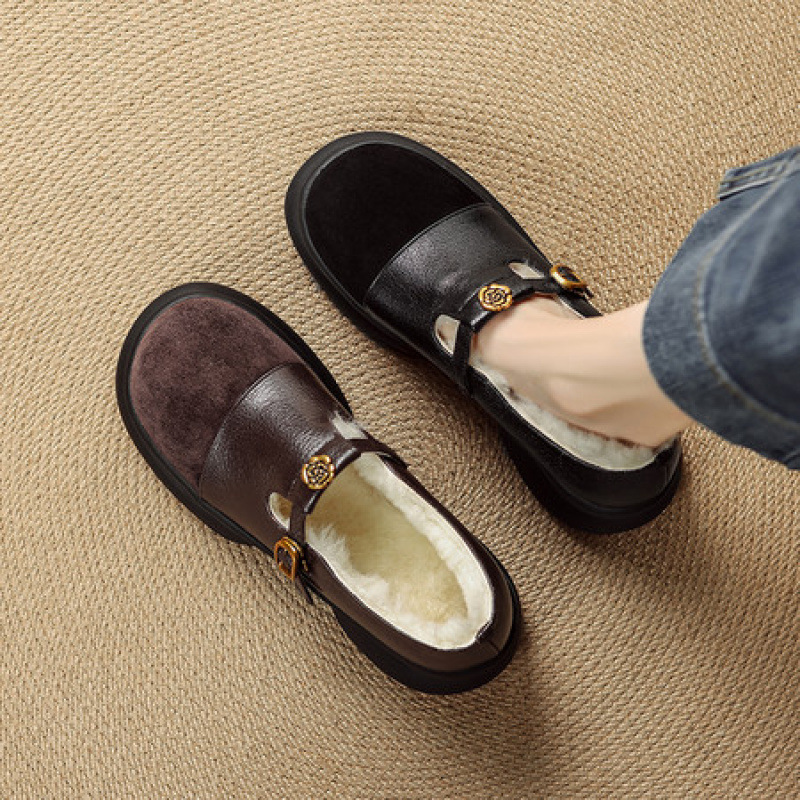 松糕厚底复古小皮鞋女真皮加厚羊毛保暖深口毛毛单鞋中跟玛丽珍鞋