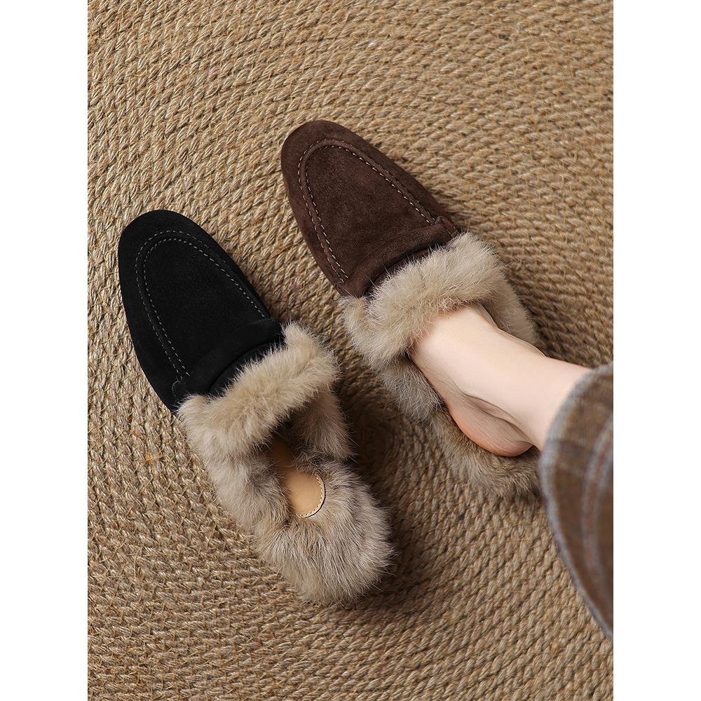 兔毛粗跟毛毛拖鞋女外穿乐福鞋冬季一脚蹬加绒保暖包头半拖穆勒鞋