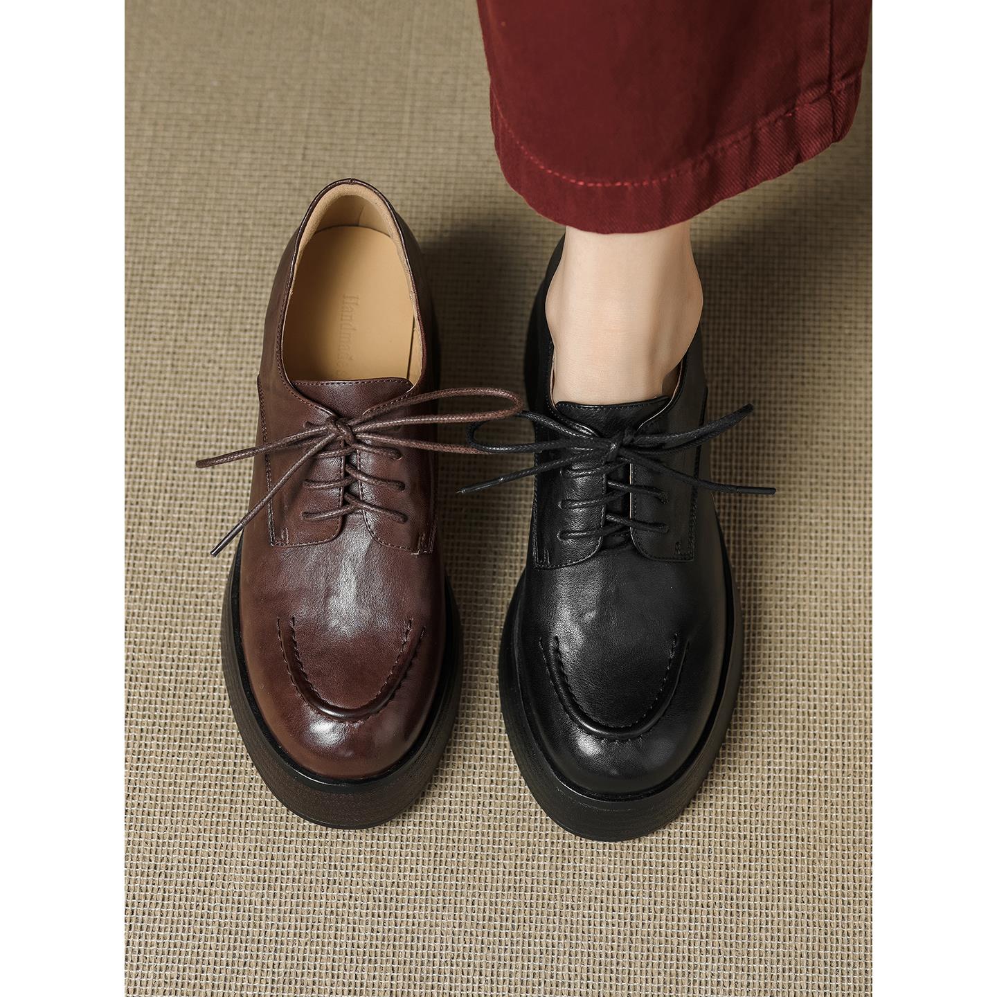 诗宝斐尔 粗跟7cm英伦风圆头系带小皮鞋女春秋深口单鞋真皮高跟鞋