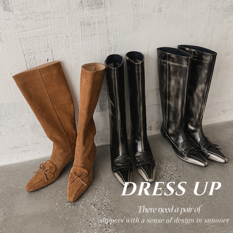 2025女鞋性感小尖头低跟及膝靴时尚蝴蝶结显腿长高筒直筒长靴