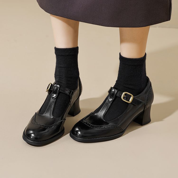 单鞋女浅口高跟鞋粗跟玛丽珍鞋丁字带2025新款春秋法式复古布洛克