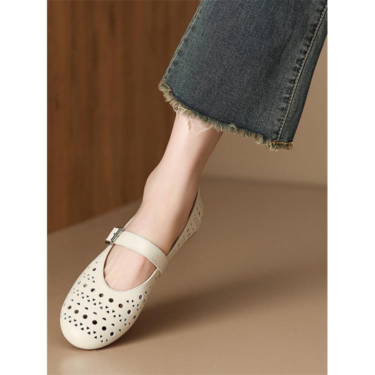Shibao Feier法国空心洞洞鞋女士夏季真皮圆头带平底玛丽简浅口鞋