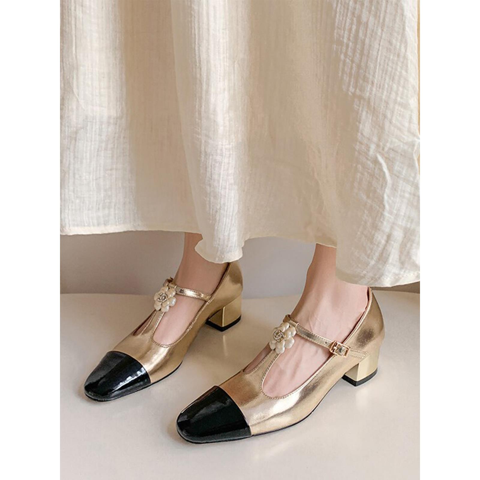 法式覆古花朵T字带玛丽珍单鞋女春季小香风拼色粗跟配裙子高跟鞋