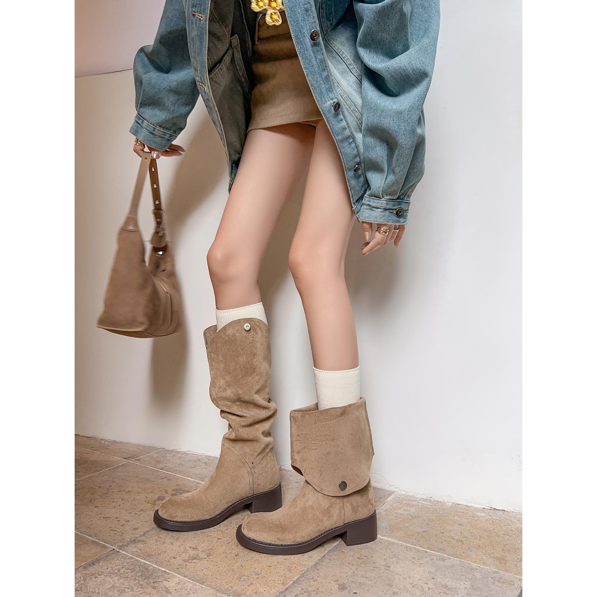 两种穿法~！可翻折圆头粗跟堆堆显瘦v口西部牛仔靴卡其色长筒靴女