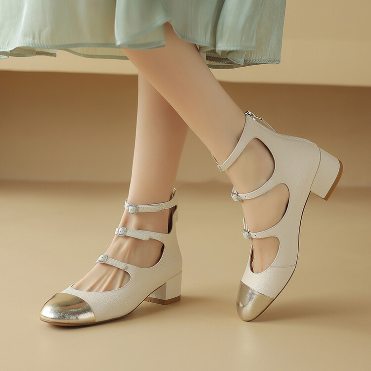 2025新品真皮牛皮单鞋女圆头拼色中跟粗跟皮带扣镂空百搭女鞋洋气