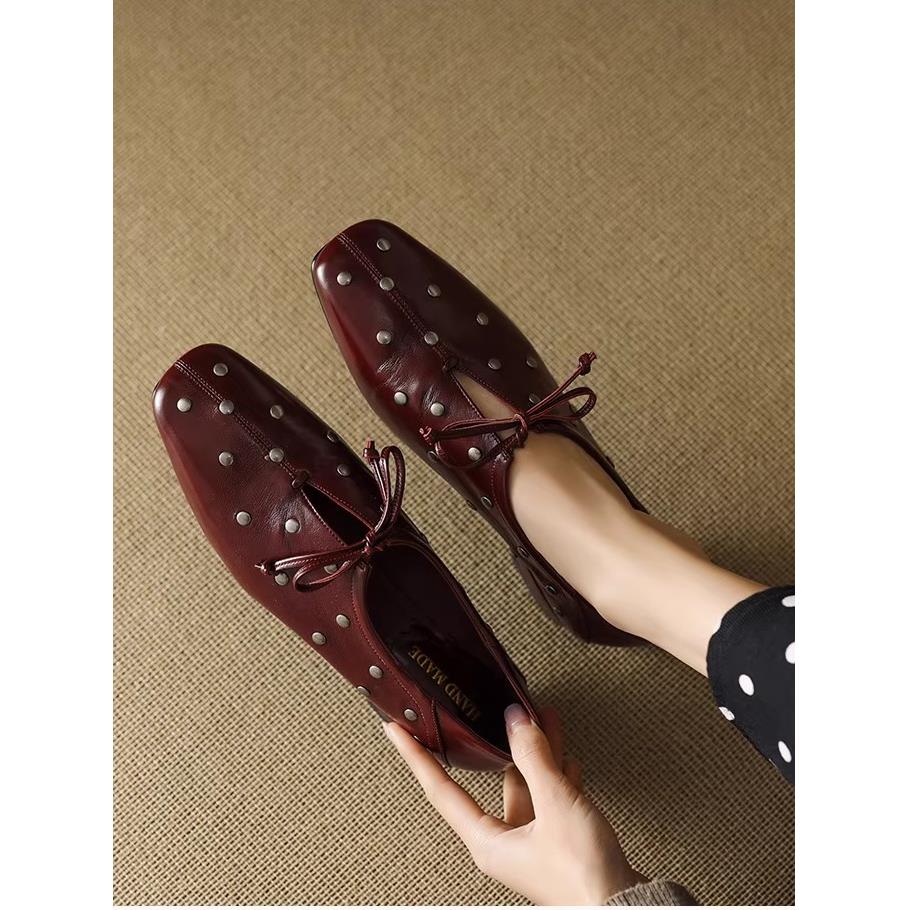 诗宝斐尔英伦风深口系带小皮鞋女铆钉乐福鞋真皮覆古方头平底单鞋
