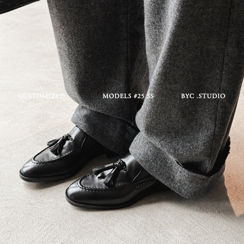 软牛皮~复古真皮黑色粗跟乐福鞋女气质圆头流苏单鞋一脚蹬小皮鞋