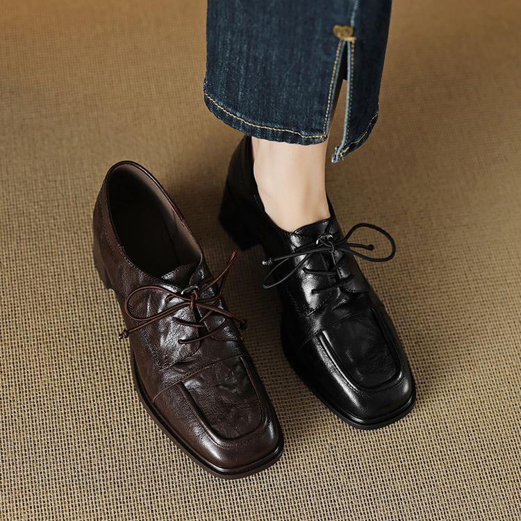 巨好穿法式深口单鞋女春秋方头中跟粗跟高跟鞋真皮系带英伦小皮鞋