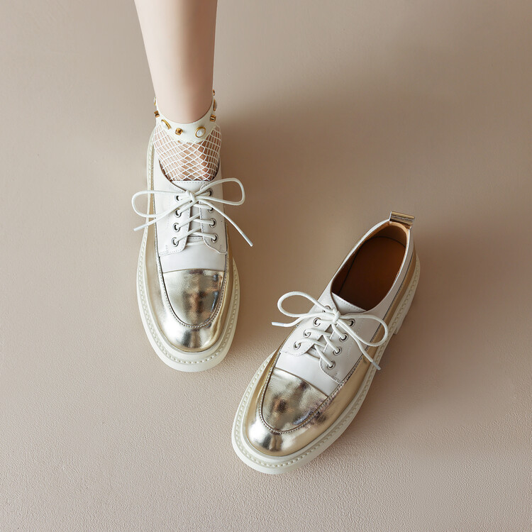 真皮单鞋女鞋学院风拼色布洛克2025年春秋季新款百搭厚底系带皮鞋
