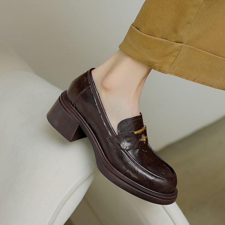 英伦风粗跟厚底乐福鞋女2025春季新款真皮单鞋深口小皮鞋春夏新款