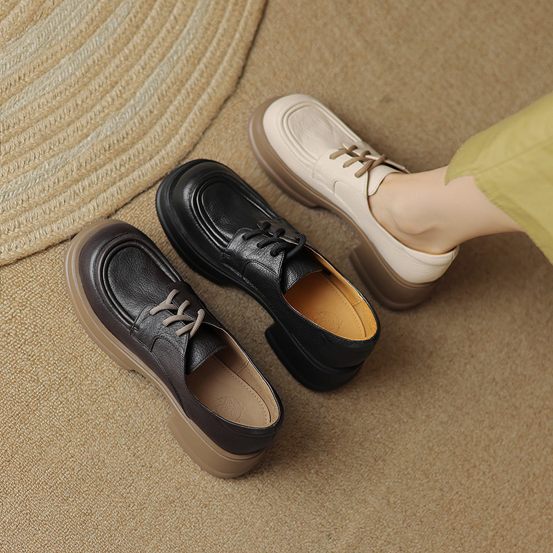 巨软巨舒适圆头系带英伦风休闲乐福鞋2024冬季羊皮复古厚底小皮鞋