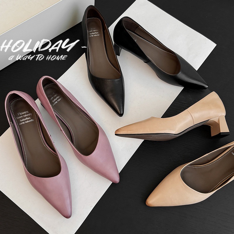 新品~时尚手工真皮牛皮单鞋女洋气紫色尖头中跟粗跟复古浅口百搭