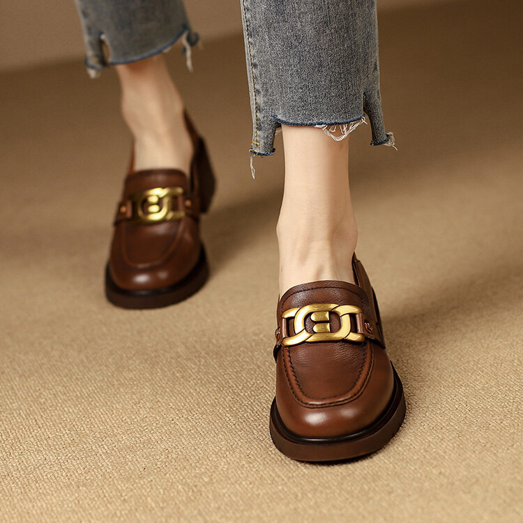 里外全皮两穿粗跟单鞋女2024春秋季新款金属扣厚底柔软舒适小皮鞋