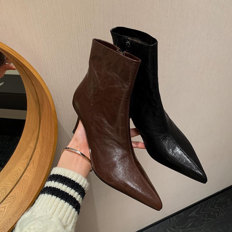 法式复古真皮尖头气质显瘦短靴女细跟2023新款秋冬瘦瘦高跟鞋靴子