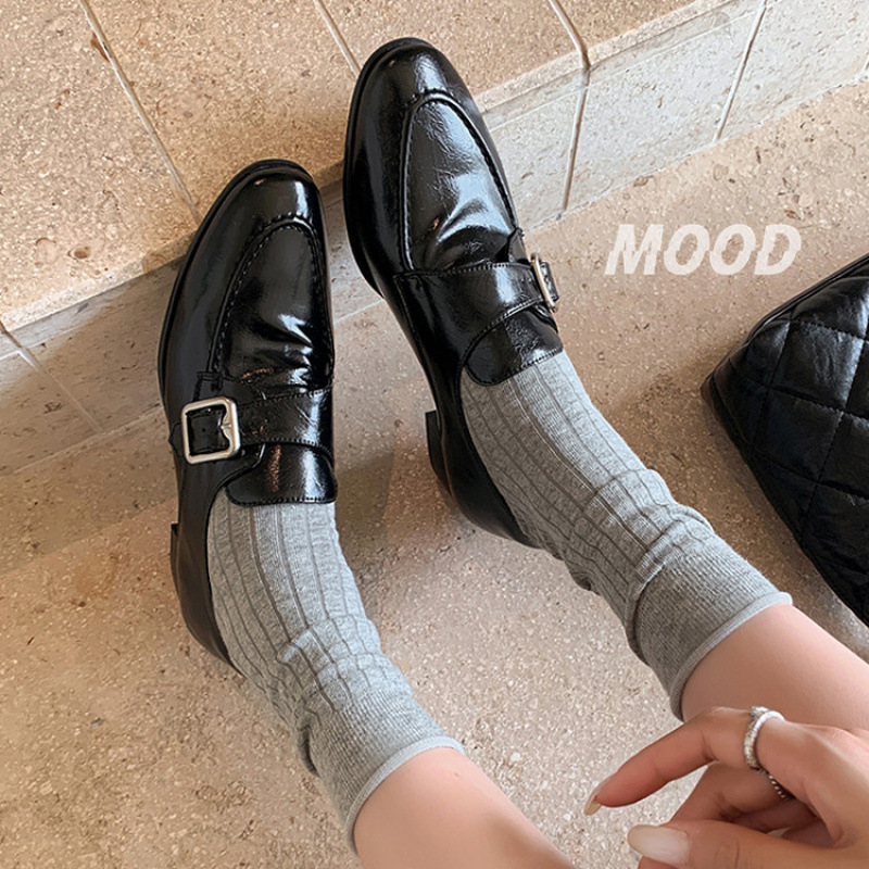 时尚皮带扣~3厘米中高跟鞋女夏秋真皮通勤深口单鞋百搭粗跟乐福鞋