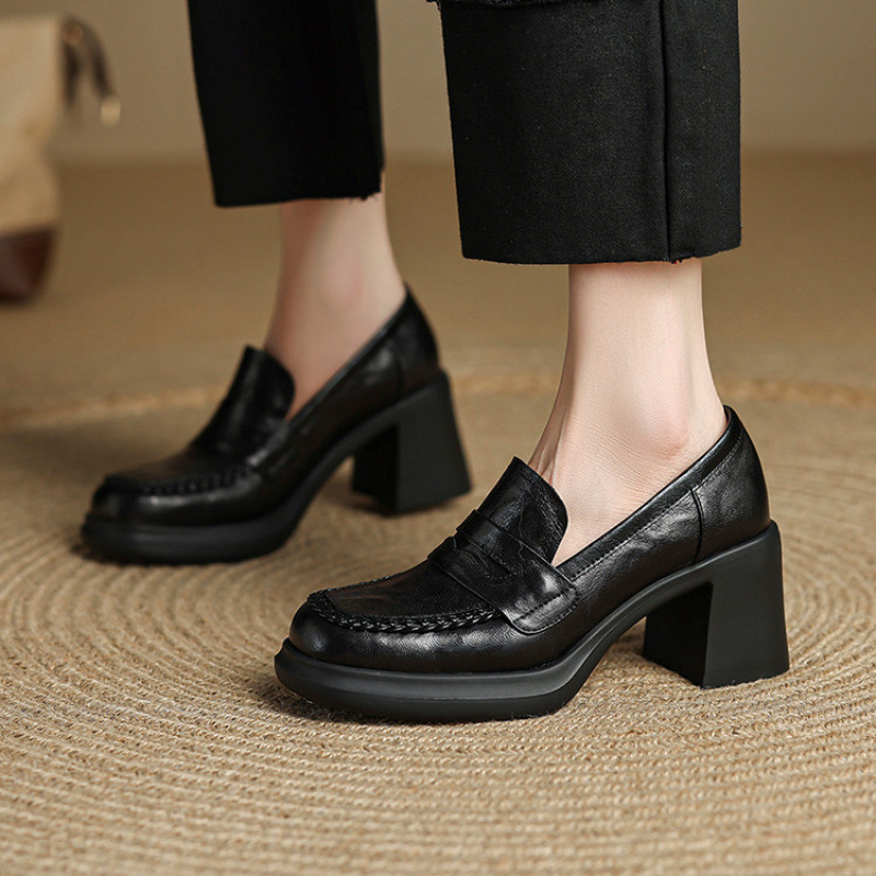 2025新款英伦风真皮乐福鞋女春秋新款季深口单鞋百搭不累脚高跟鞋