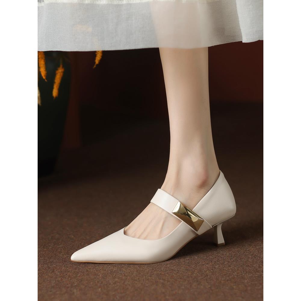 法式覆古一字式扣带尖头高跟鞋女真皮米白色单鞋5CM中跟玛丽珍鞋