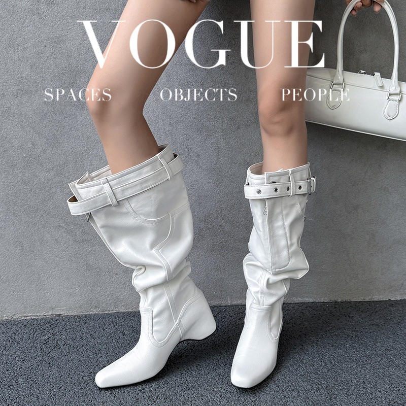 时髦感大筒围褶皱堆堆靴复古西部牛仔靴异型跟骑士靴辣妹长筒靴女