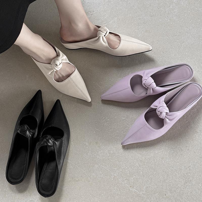 蝴蝶结坡跟包头半拖女尖头低跟内增高一脚蹬时尚女拖真皮仙女拖鞋