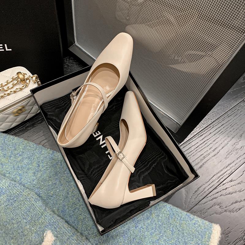 2022春秋真皮浅口方头鞋女法式高跟鞋粗跟气质百搭白色玛丽珍鞋