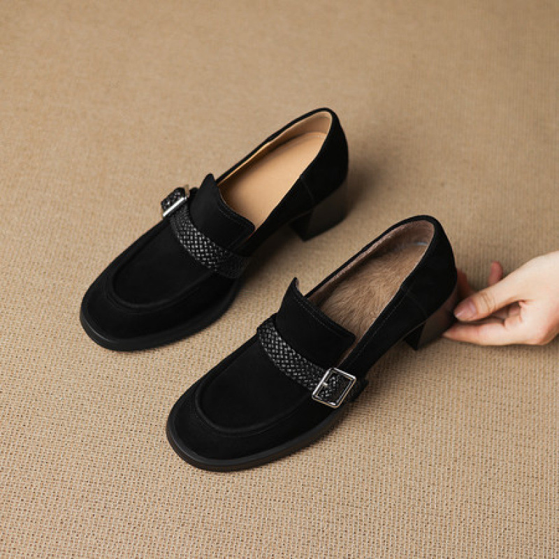 成都手工女鞋复古圆头粗跟单鞋女秋冬真皮加绒乐福鞋深口高跟鞋