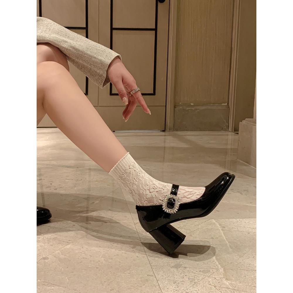 约会神器~！漆皮方头粗跟黑色单鞋女水钻方扣高跟鞋法式玛丽珍鞋
